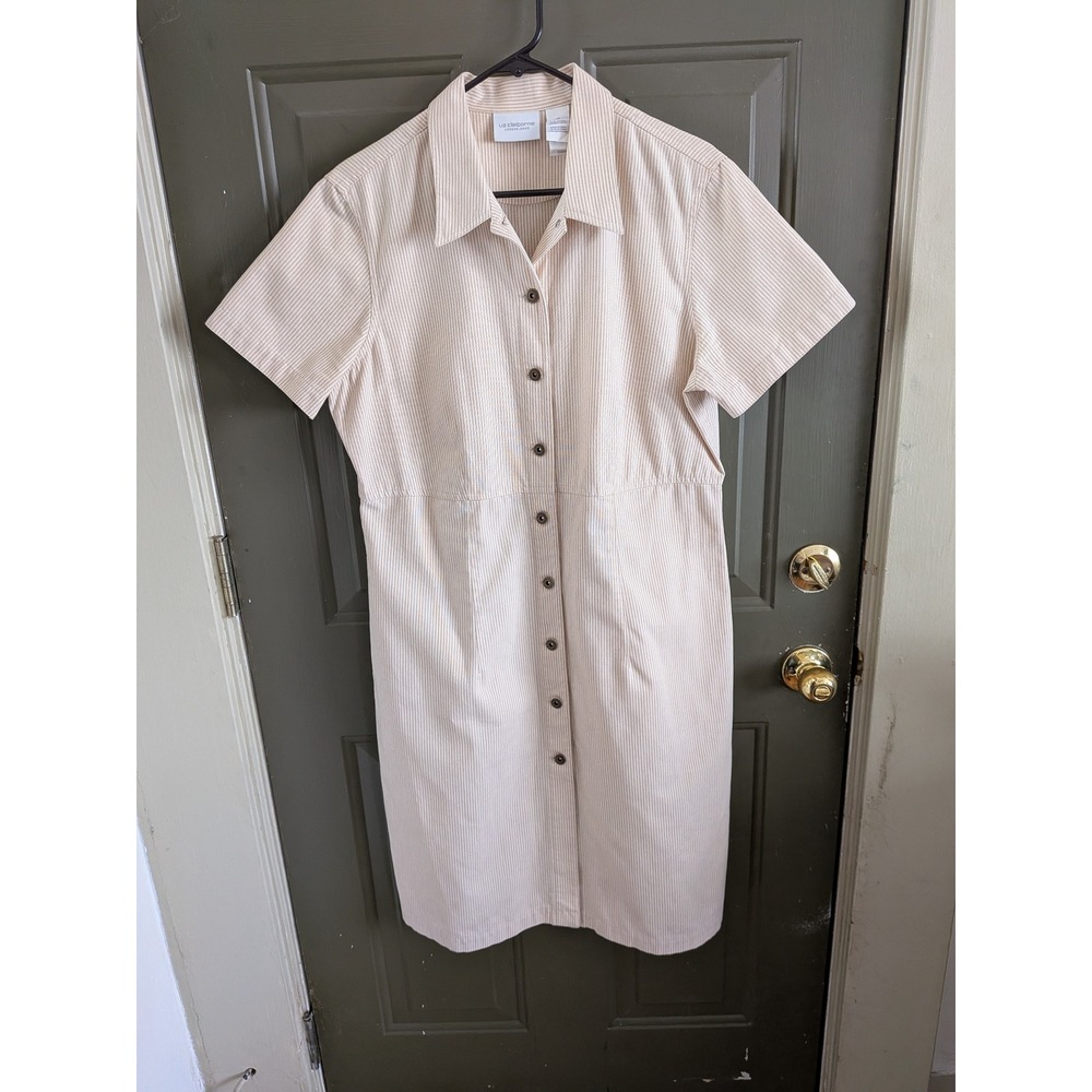 Liz Claiborne‎ Lizwear Jeans Y2K Tan Striped 100% Cotton Shirt Dress 14